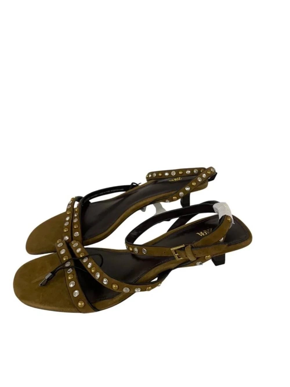 Zara Womens Suede Sandals EU 38 US 7.5 Olive Green Studded Heels 1346/610 NWOB - Picture 8 of 12